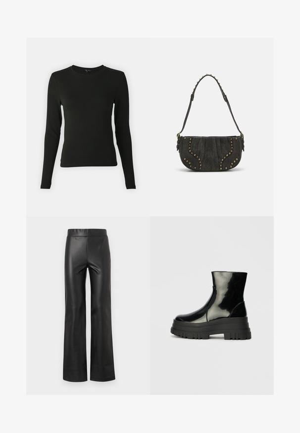 Musthave mustrükkis musta värvi, suletud varrukatega, millel on sile kangas, ümar kaelus ja vormikas lõige, ilma nähtavate mustrite või aktsentideta.; Mustad musta faux nahast laienev püks, millel on sile tekstuur, kõrge püksivööline ja nähtamatud kinnitusdetailid või kaunistused. Sirge lõikega jalgade disain.; Must mustakate läikiv ankle boot paksu lõkkeka üle ja ümarate varvastega, külgvaates halli ühtlase taustal.; Must mustahjust kott, millel on kumer disain, kinnitusdetailide ja tekstureeritud pinnaga. Reguleeritav rihm, mille serval on nupud.
