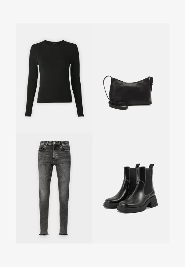 Camisa preta de mangas longas feita de um tecido suave, com decote redondo e forma ajustada, sem padrões ou detalhes visíveis.; Calças skinny de ganga pretas com um acabamento desbotado. Apresenta bolsos frontais, fecho com zip e bainhas desfregadas para um look descontraído.; Botas Chelsea em couro preto com um salto grosso, painéis laterais elásticos e costura branca em contraste. Acabamento texturizado.; Bolsa de ombro em pele preta com textura suave, forma curva, alça ajustável e fecho com zip. Design minimalista sem adornos.