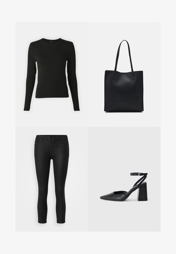 Langermet svart skjorte laget av glatt stoff, med rund halslinning og innsnevret passform, uten synlige mønstre eller aksenter.; Svarte skinny jeans laget av stretch-stoff, med midjehøyde, fem lommer og knappelukking foran.; Svart lær pumps med spiss tå, ankelrem og kraftig hæl. Flat tekstur, strømlinjeformet design og minimalisme.; Svart lær tote bag med glatt tekstur, rektangulær form og to lange håndtak. Ingen synlige deler eller dekorasjoner.