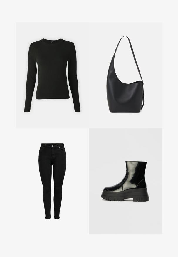 Musthave mustrükkis musta värvi, suletud varrukatega, millel on sile kangas, ümar kaelus ja vormikas lõige, ilma nähtavate mustrite või aktsentideta.; Mustad ja kõrge vöökohtadega skinny teksapüksid, millel on ees nupp, vöökohad ja viie tasku kujundus, esitatud valge tausta ees.; Must mustakate läikiv ankle boot paksu lõkkeka üle ja ümarate varvastega, külgvaates halli ühtlase taustal.; Mustast nahast hobo kott, millel on sile tekstuur, kumer kuju ja üks reguleeritav rihm; peal on lai avaus.