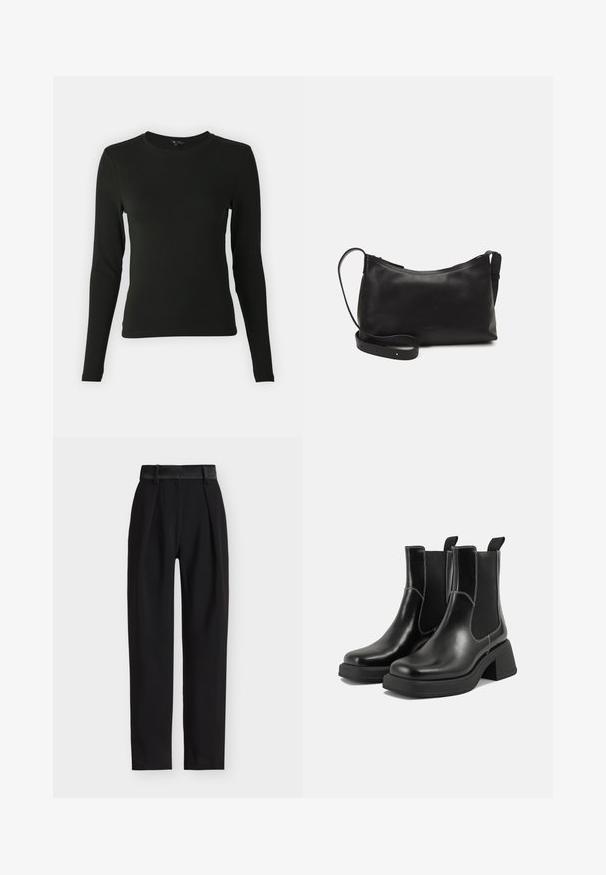 Črna majica s dolgimi rokavi iz gladke tkanine, okroglega izreza in prilegajoče oblike, brez vidnih vzorcev ali poudarkov.; Črne hlače s pregibom spredaj, krojene zasnove in gladkim satenastim pasom, s silhueto ravnih nogavic.; Črne usnjene Chelsea škornje s širokim petami, elastičnimi stranskimi ploščami in kontrastnim belim šivanjem. Teksturirana površina.; Črna usnjena torba čez ramo z gladko teksturo, ukrivljeno obliko, nastavljivim trakom in zadrgo. Minimalističen dizajn brez okrasnih detajlov.