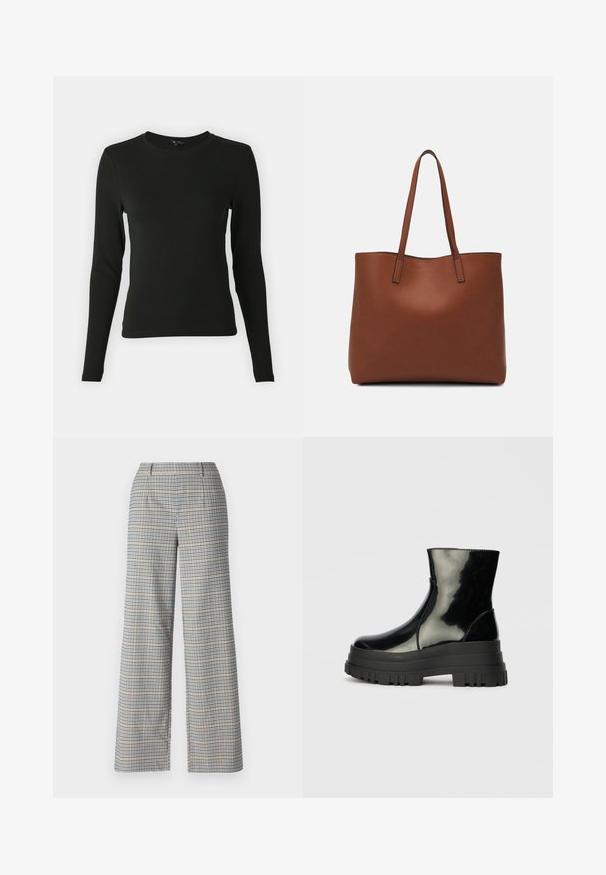 Long-sleeve black shirt made of smooth fabric, featuring a round neckline and fitted shape, with no visible patterns or accents.; Wide-leg trousers in a beige, navy, and black check pattern. Features two front pockets and a smooth, structured fabric.; Black glossy ankle boot with thick lug sole and rounded toe, side view on plain light gray background.; Brown leather tote bag with a smooth texture, open top design, and two shoulder straps. Features minimal stitching and no visible hardware.