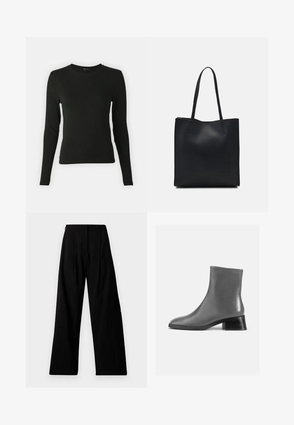 Crna majica dugih rukava izrađena od glatkog materijala, s okruglim izrezom i prilagođenim oblikom, bez vidljivih uzoraka ili ukrasa.; Široke crne hlače s visokim strukom, sa naprsnim plisama, skrivenim prednjim zakopčavanjem i minimalnim logotipom na lijevoj nozi.; Sivi kožni gležnjači s zaobljenim vrhom i kratkom, nagnječenom crnom petom. Glatka tekstura s minimalnim detaljima.; Crna kožna torba za nošenje s glatkom teksturom, pravokutnim oblikom i dvije duge ručke. Nema vidljivih metalnih dijelova ili ukrasa.