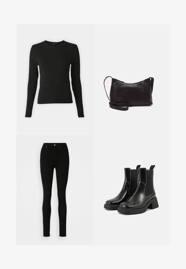 Crna majica dugih rukava izrađena od glatkog materijala, s okruglim izrezom i prilagođenim oblikom, bez vidljivih uzoraka ili ukrasa.; Crne uske traperice. Visoki struk s glatkom teksturom, prednjim džepovima i metalnim gumbom na struku.; Crne kožne Chelsea čizme s debelim potplatom, elastičnim bočnim panelima i kontrastnim bijelim šavovima. Teksturirana površina.; Crna kožna torba na rame s glatkom teksturom, zakrivljenim oblikom, podesivim remenom i zatvaranjem na patentni zatvarač. Minimalistički dizajn bez ukrasa.