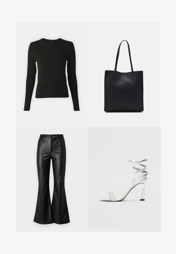 Svart långärmad skjorta i mjukt tyg, med rund halsringning och figurnära passform, utan synliga mönster eller detaljer.; Svarta läderbyxor med utställd ben, hög midja och framfickor, bältesöglor samt en jämn yta.; Silver högklackad sandal med en glänsande remdesign, som har en pärlliknande detalj och en spiralformad vristrem för ett säkert grepp.; Svart lädertoffelväska med slät textur, rektangulär form och två långa handtag. Ingen synlig hårdvara eller dekorationer.