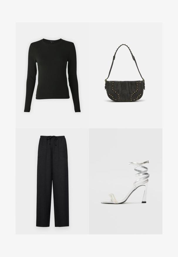 Melnā garas formas krekls, izgatavots no gludas auduma, ar apaļu kakla izgriezumu un pieguļošu siluetu, bez redzamām rakstām vai akcentiem.; Melni plaša kāju bikses, izgatavotas no teksturēta auduma, ar aukliņu jostasvietā un divām sānu kabatām funkcionalitātes nodrošināšanai.; Sudrabaini augstpapēžu sūna ar spīdīgu siksnu dizainu, kurā ir pērlēm līdzīgs akcents un spirālveida potītes siksna drošai pieguvei.; Melna zamša soma ar izliekumu, ar kniedēm un teksturētu virsmu. Regulējams siksna ar izšuvumiem gar maliņu.