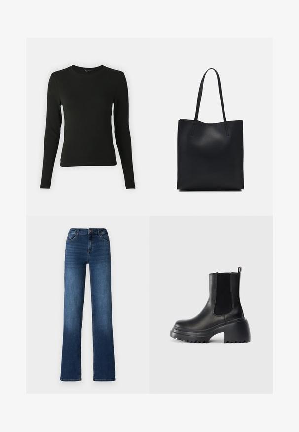 Halenka s dlhým rukávom v čiernej farbe, vyrobená z hladkej látky, so zaobleným výstrihom a priliehavým strihom, bez viditeľných vzorov alebo akcentov.; Tmavomodré džíny z denimu so štýlom s rovnými nohavicami, stredne vysokým pásom a miernym vyblednutím na leme. Obsahujú päť vreciek a zapínanie na gombík.; Čierne kožené členkové topánky s elastickými bočnými panelmi, hrubou robustnou podrážkou a textúrovaným protišmykovým detalovaním na spodnej časti. Minimalistický dizajn.; Čierna kožená taška na rameno s hladkým povrchom, obdĺžnikovým tvarom a dvoma dlhými uchami. Bez viditeľného kovania alebo ozdôb.