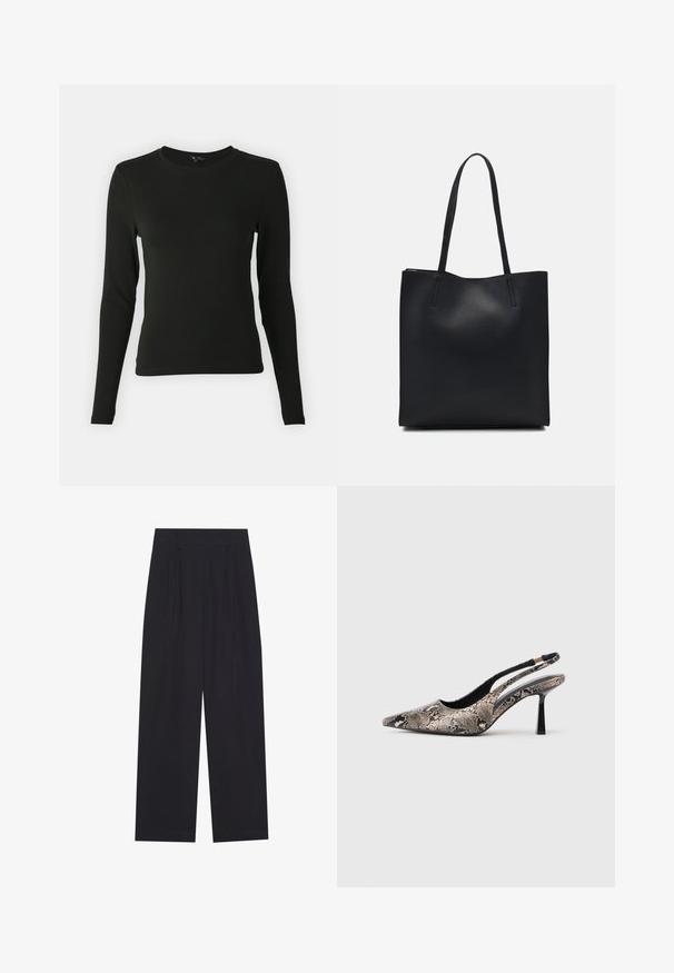Long-sleeve black shirt made of smooth fabric, featuring a round neckline and fitted shape, with no visible patterns or accents.; Black wide-leg trousers made of a smooth fabric, featuring pleats, a flat front waistband, and no visible pockets or embellishments.; Pointed-toe slingback shoes made of textured snake print material, featuring a slender black heel and a cutout design on the sides.; Black leather tote bag with smooth texture, rectangular shape, and two long handles. No visible hardware or embellishments.