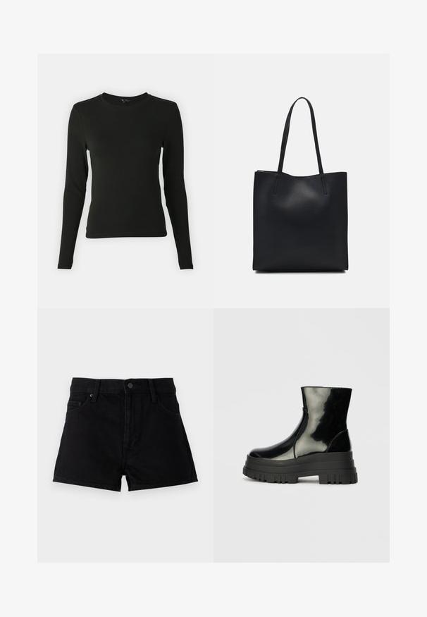 Schwarzes Langarmshirt aus glattem Stoff, mit rundem Ausschnitt und taillierter Passform, ohne sichtbare Muster oder Akzente.; Schwarze Denim-Shorts mit hoher Taille, Five-Pocket-Design, Knopfverschluss und einem klaren, unauffälligen Finish ohne Verzierungen.; Schwarze, glänzende Knöchelstiefel mit dickem Profilsohle und abgerundeter Zehenform, Seitenansicht vor einem schlichten, hellgrauen Hintergrund.; Schwarze Laptoptasche aus Leder mit glatter Textur, rechteckiger Form und zwei langen Griffen. Keine sichtbaren Beschläge oder Verzierungen.