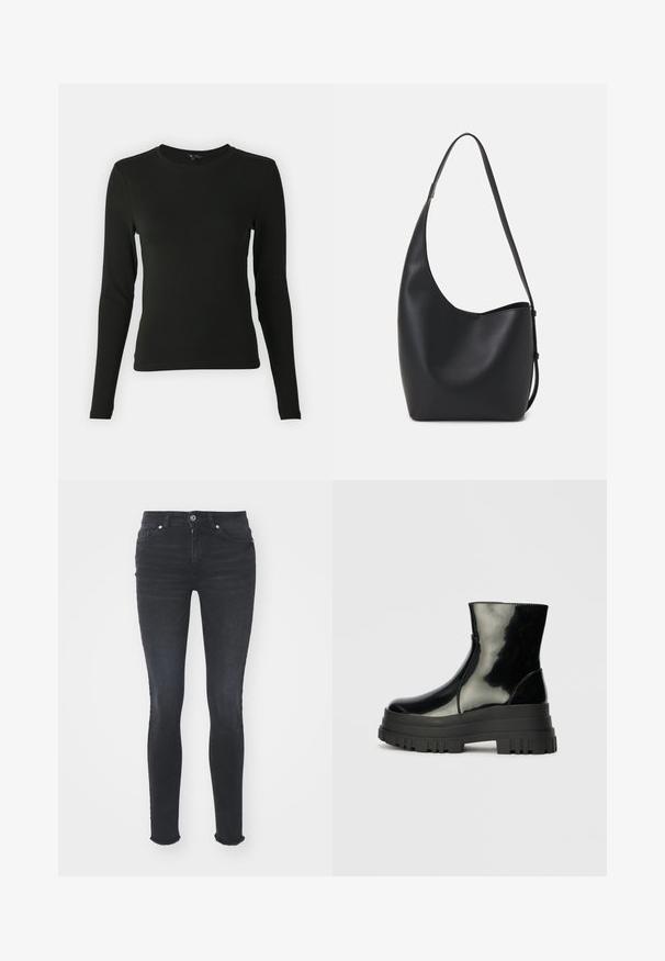 Langermet svart skjorte laget av glatt stoff, med rund halslinning og innsnevret passform, uten synlige mønstre eller aksenter.; Sorte denim skinny jeans med middels høyde på livet, fem lommer og fransede kanter. Stoffet har en jevn tekstur med litt stretch.; Svart, blank ankelstøvel med tykk såle og rund tå, sett fra siden på en enkel, lys grå bakgrunn.; Svart lær hobo-veske med glatt tekstur, buet form og enkelt justerbart stropp; har en bred åpning på toppen.