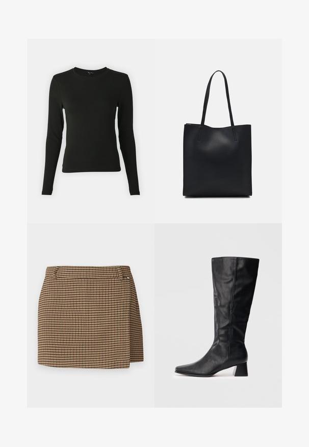 Camisa negra de manga larga hecha de una tela suave, con un cuello redondo y forma ajustada, sin patrones ni acentos visibles.; Mini falda de patrón de espiga en marrón y beige con un ligero detalle de envoltura y presillas para cinturón sobre un fondo blanco.; Bota de cuero negra hasta el medio de la pantorrilla con punta afilada y tacón cuadrado sobre un fondo claro y liso.; Bolso tote de cuero negro con textura lisa, forma rectangular y dos asas largas. Sin herrajes ni adornos visibles.