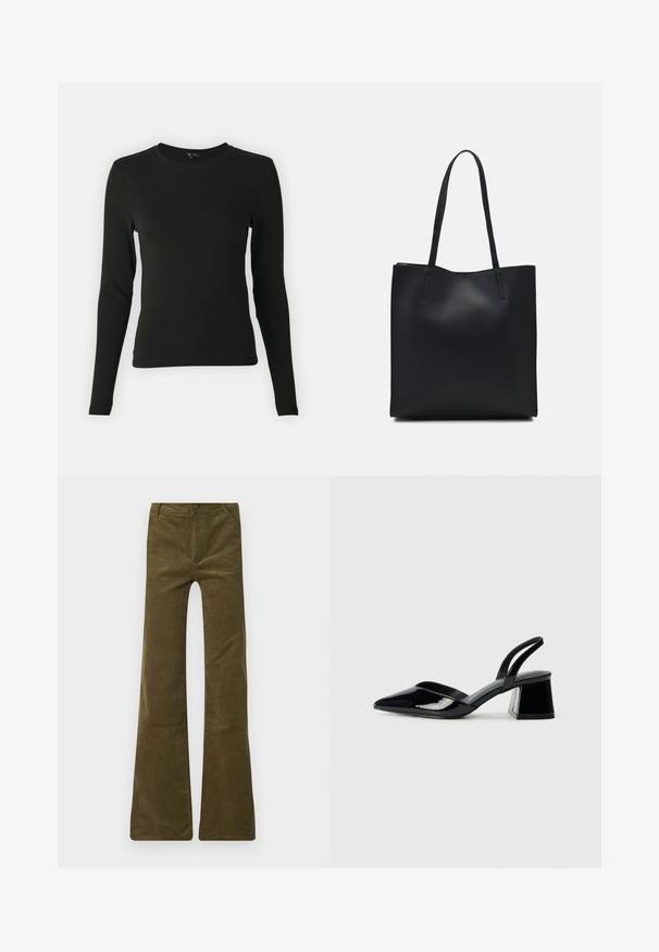 Musthave mustrükkis musta värvi, suletud varrukatega, millel on sile kangas, ümar kaelus ja vormikas lõige, ilma nähtavate mustrite või aktsentideta.; Olive rohelised kaltsukad, millel on nööbiga kinniti ja lukuga esiosa. Omab esipokette ja pehmet, tekstuurset pinda.; Mustad musta lakknahk kingad, millel on terav varvas ja geomeetriline plokkkonts. Omab elegantselt minimalistlikku disaini ja sujuvat tekstuuri.; Mustast nahast kott sujuva tekstuuriga, ristkülikukujuline ja kahe pika sangaga. Pole nähtavat riistvara ega kaunistusi.