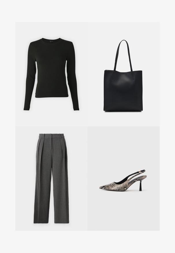 Long-sleeve black shirt made of smooth fabric, featuring a round neckline and fitted shape, with no visible patterns or accents.; Wide-leg trousers in dark gray fabric with a textured finish. Features stitched pleats and a high waistband for a tailored look.; Pointed-toe slingback shoes made of textured snake print material, featuring a slender black heel and a cutout design on the sides.; Black leather tote bag with smooth texture, rectangular shape, and two long handles. No visible hardware or embellishments.
