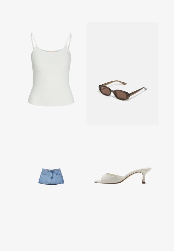 Bijela majica bez rukava s podesivim naramenicama, prilagođenog kroja, s glatkom teksturom tkanine i okruglim izrezom. Nema uzoraka ili metalnih detalja.; Traper suknja u svijetloplavoj boji, s visokim strukom, prednjim džepovima i lagano raširenim rubom. Glatka tekstura s minimalnim šavnim detaljima.; Bijele otvorene sandale s visokom petom, glatke površine, minimalističkog dizajna i uske pete, sa suptilnim smeškastim naglaskom na đonu.; Smeđe ovalne sunčane naočale s tamnim staklima. Okvir je od prozirnog smeđeg materijala i ima otisnut logo na sljepoočnicama.; Zelena kožna torbica s glatkom teksturom, zakrivljenim oblikom i pletenom ručkom. Ima zatvaranje na patentni zatvarač i podesivu naramenicu.