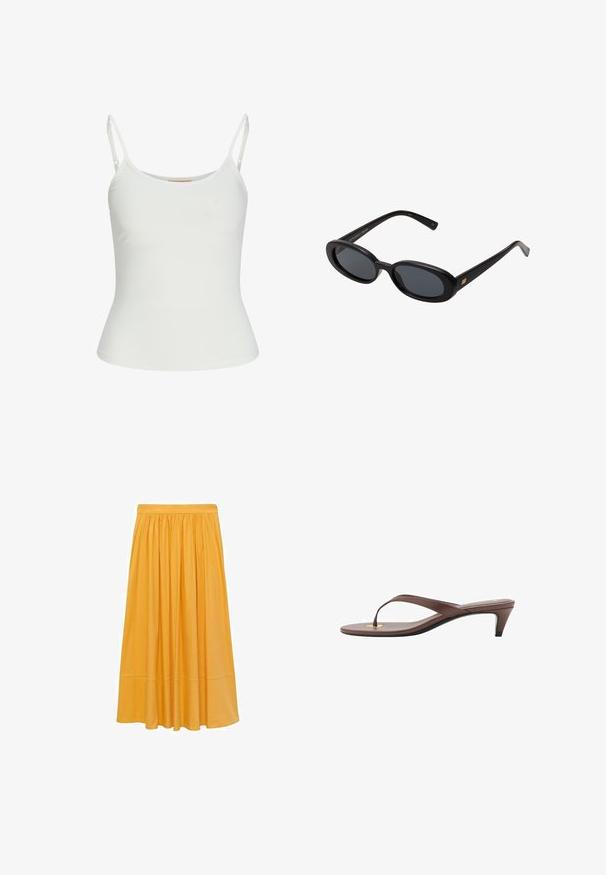 Top sans manches blanc avec bretelles réglables, design ajusté, texture de tissu lisse et encolure ronde. Aucun motif ni détail matériel.; Jupe midi jaune moutarde, en tissu léger, avec une taille froncée et une silhouette fluide, présentant une texture lisse et un éclat subtil.; Sandale à talons brune avec une fine lanière et un entre-doigts arrondi, arborant un petit accent doré sur le semelage.; Lunettes de soleil noires surdimensionnées avec des verres ovoïdes, monture en plastique lisse et accents dorés sur les tempes. Les verres sombres offrent une protection contre le soleil.; Sac à épaule synthétique rose avec une forme courbée, texture lisse, bandoulière en chaîne amovible et un détail de logo circulaire sur le devant.