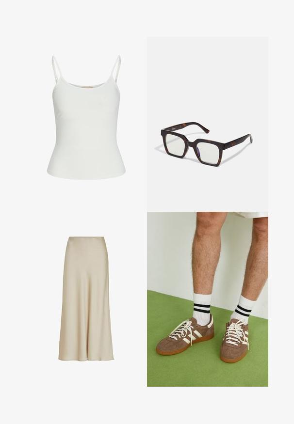 Valge ilma varrukateta top, reguleeritavate rihmadega, taljesse istuv disain, sile kangatekstuur ja ümmargune kaelus. Ilma mustrite ja seadmeteta.; Bež satin maxi seelik sileda tekstuuriga, A-line siluett ja vöökoht, mis voolab õrnalt hemmini, luues pehme laine.; Prune nahkkingad valgete aktsentide ja paeltega. Kummikummist tallad. Kandu valgeid sokke mustade triipudega. Roheline tekstuuriga põrand.; Ruudukujulised päikeseprillid, millel on kilpkonnamustri atsetaadist raam ja selged läätsed. Omavad laiu tempelmeid ja mati viimistluse, mis suurendab üldist vastupidavust.