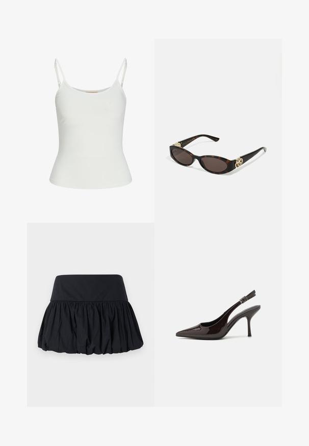 Balta bez piedurknēm blūze ar regulējamām siksnām, pieguļošs dizains, gluda auduma tekstūra un apaļa kakla izgriezums. Nav rakstu vai metāla detaļu.; Melna savākta svārku ar plašu, plakanu jostu. Raksturīga gaisa piepildīta forma un gluda tekstūra. Nav redzamu rakstu vai metāla detaļu.; Slingback augstpapēžu kurpe ar spīdīgu tumši brūnu lakotu ādu, ar norādītu purngalu, atvērtām pusēm un regulējamu potītes siksniņu.; Tīģerbrūnā sauļošanās brillēm ar izstieptām ovālām lēcām, brūnu tonējumu, zeltītiem logotipa akcentiem uz tempļiem un plānām melnām kājām.; Zelta vērpes auskari ar caurspīdīgu aizmuguri, ar struktūrētiem zelta akcentiem un maziem caurspīdīgiem dārgakmeņiem, kas iestrādāti dizainā.