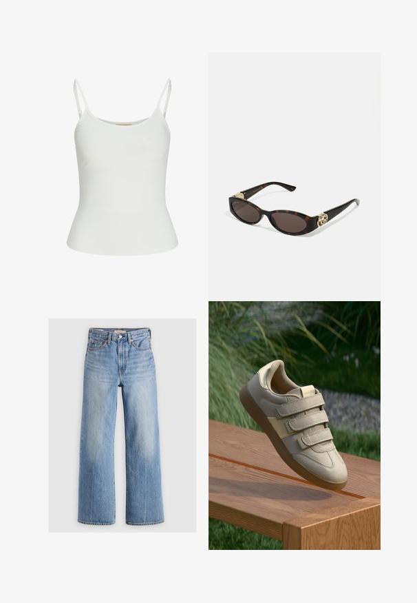 Bijela majica bez rukava s podesivim naramenicama, prilagođenog kroja, s glatkom teksturom tkanine i okruglim izrezom. Nema uzoraka ili metalnih detalja.; Svijetloplavi traper široki traperice s visokim strukom, istovarenim dijelovima, pet džepova i kontrastnim šavovima. Klasično kopčanje na dugme i patentni zatvarač.; Bež tenisice s tri čičak trake, glatki umjetni suedin materijal, okrugli vrh i gumeni potplat, prikazane na drvenoj površini.; Suncane naočale od kornjačevine s izduženim ovalnim lećama, smešnim nijansama, zlatnim logotipom na drškama i elegantnim crnim krakovima.