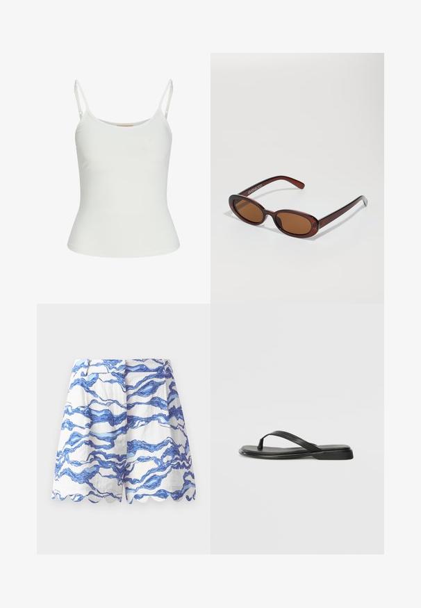 Bílý tílko bez rukávů s nastavitelnými ramínky, přiléhavý design, hladká textilie a kulatý výstřih. Žádné vzory ani kovové detaily.; Bílé šortky s modrým vlnkovým vzorem, zvlněným lemem, lehkým materiálem, skládacím předním dílem a volným střihem. Vhodné pro každodenní nošení.; Černé žabky vyrobené z hladké kůže, s tenkým designem popruhu a plochou podrážkou s minimálním profilem. Žádné výrazné vzory ani akcenty.; Kulaté sluneční brýle hnědé barvy s lesklým burgundským rámem. Úzké nožičky s jemným logem. Rovné čočky.; Tkaná slaměná taška na rameno s zakřiveným tvarem, která má tmavý kožený popruh a texturovaný povrch s chevronovým vzorem.