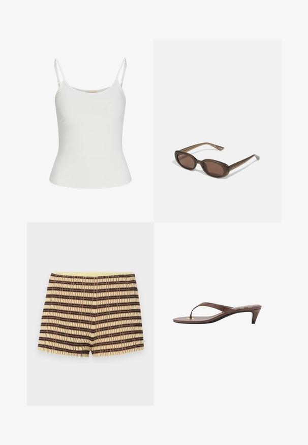 Biele top bez rukávov s nastaviteľnými ramienkami, priliehajúci strih, hladká textúra látky a okrúhly výstrih. Žiadne vzory ani kovové detaily.; pletené šortky v béžovej farbe so hnedými a čiernymi pruhmi; majú rebrovanú textúru a elastický žltý pás.; Hnedá platformová žabková sandála s úzkym remienkom a zaobleným prstom, s malým zlatým akcentom na podrážke.; Hnedé oválne slnečné okuliare s tmavými sklami. Rám je vyrobený z priesvitného hnedého materiálu a na spánkoch má vytlačené logo.; Tkaná béžová taška s uvoľneným dizajnom a jedným ramenným popruhom. Obsahuje textúrovaný vzor po celém povrchu.