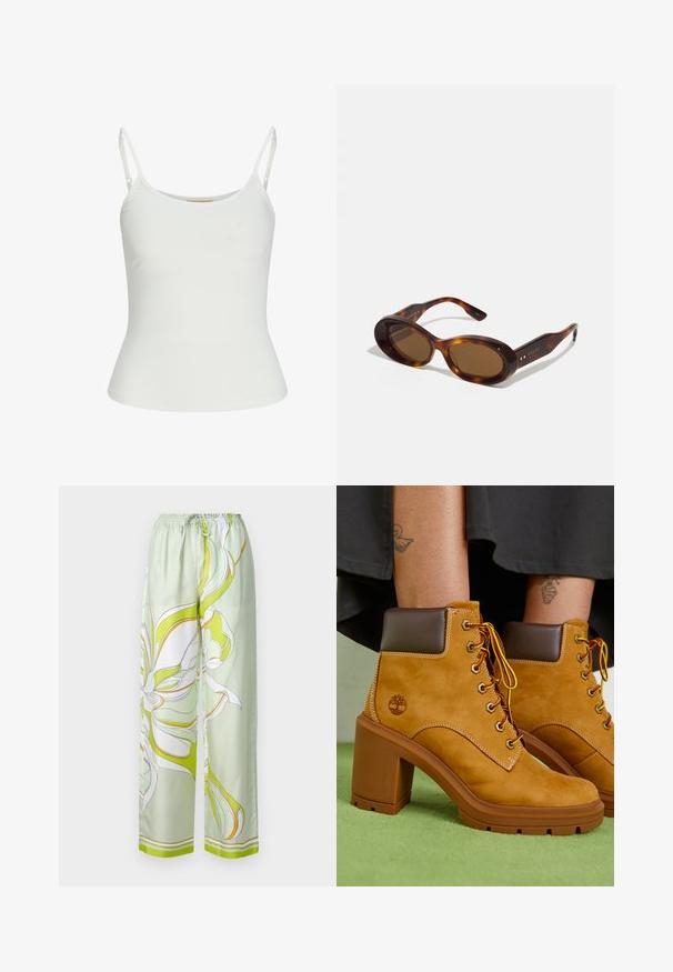 Top blanco sin mangas con tirantes ajustables, diseño ajustado, textura de tela suave y escote redondo. Sin patrones ni detalles de hardware.; Pantalones de satén verde con un patrón floral en blanco y amarillo, cintura elástica, piernas anchas y una textura suave.; Botas de tobillo de gamuza beige con un collar marrón, ojales dorados y cordones amarillos. Tacón marrón grueso y detalle del logotipo en el lateral.; Gafas de sol carey con lentes ovalados, tono marrón y detalles dorados en las patillas. Montura gruesa con un acabado brillante y textura suave.; Bolsa tote de color beige tejida, con un diseño holgado y una sola correa para el hombro. Presenta un patrón texturizado en toda la superficie.