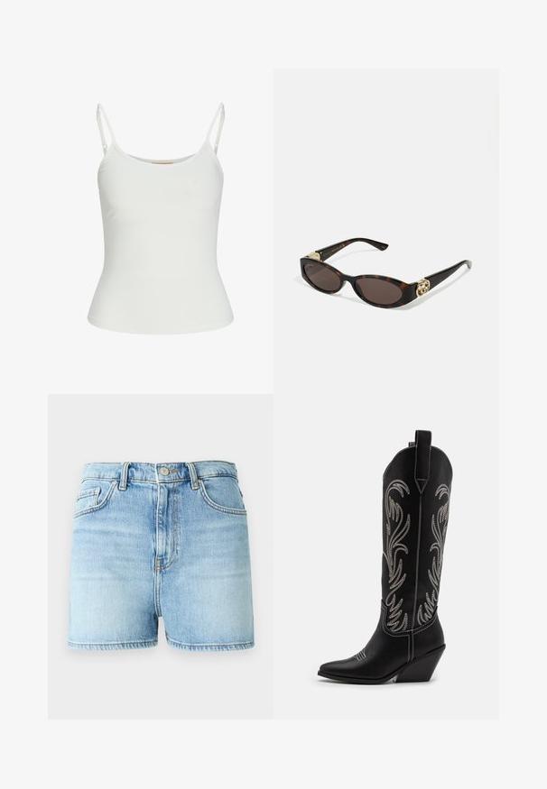 Balta bez piedurknēm blūze ar regulējamām siksnām, pieguļošs dizains, gluda auduma tekstūra un apaļa kakla izgriezums. Nav rakstu vai metāla detaļu.; Gai zila džinsu šorti ar augstu jostu, standarta piecu kabatu dizainu un noberztiem malējiem galiem ar nedaudz nodilušu tekstūru.; Melnas ādas kovboju zābakus ar norādītām pirkstiem, sānām paceltu papēdi un sudraba izšūtām ziedu rakstiem gar zābaka kāju. Kontrasta dūrieni visā zābakā.; Tīģerbrūnā sauļošanās brillēm ar izstieptām ovālām lēcām, brūnu tonējumu, zeltītiem logotipa akcentiem uz tempļiem un plānām melnām kājām.