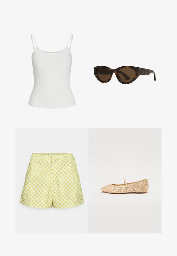 Bijela majica bez rukava s podesivim naramenicama, prilagođenog kroja, s glatkom teksturom tkanine i okruglim izrezom. Nema uzoraka ili metalnih detalja.; Zelene kratke hlače s kariranim uzorkom, s srednjim strukom, dva prednja džepa i mekanom pamučnom teksturom.; Zlatne pletene balerinke s bodnim vrhom, ravnim potplatom i trakicom preko srednjeg dijela stopala. Imaju strukturirane uzorke na gornjem materijalu.; Mačkaste sunčane naočale u obliku mačjih očiju s smešnim lećama, imaju glatke, sjajne plastične okvire i elegantan dizajn. Nema vidljivih logotipa ili akcenta.; Bijela torba s reljefnim, valovitim ukrasima koji podsjećaju na školjke. Ima pletenu ručku i srebrnu lančanu naramenicu za svestranost.