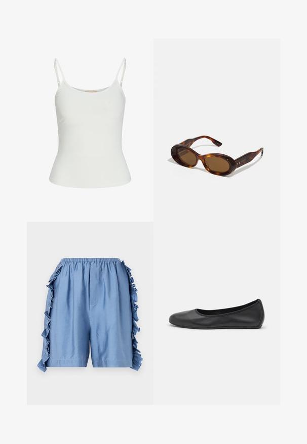 Biała bezrękawnik z regulowanymi ramiączkami, dopasowany krój, gładka tekstura materiału i okrągły dekolt. Brak wzorów i detali metalowych.; Jasnoniebieskie bawełniane szorty z elastycznym paskiem w talii, z falbanami wzdłuż bocznych szwów i luźnym krojem.; Czarne skórzane baletki z zaokrąglonym noskiem, gładką fakturą, minimalnymi przeszyciami i elastycznym designem podeszwy.; Okulary przeciwsłoneczne w stylu żółwi, z owalnymi soczewkami, brązowym odcieniem i złotymi akcentami na ramionach. Grube oprawki o błyszczącej powierzchni i gładkiej fakturze.