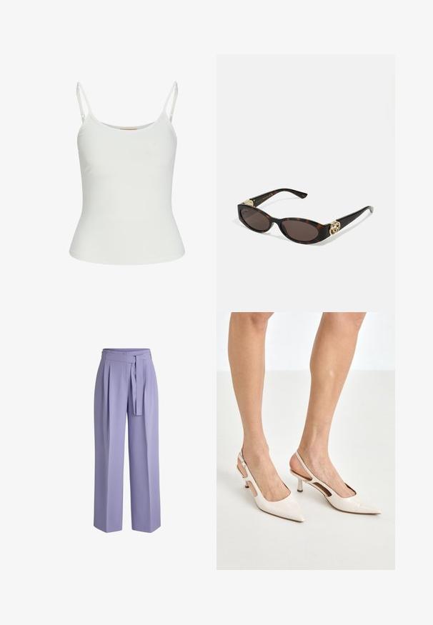 White sleeveless top with adjustable straps, fitted design, smooth fabric texture, and a round neckline. No patterns or hardware details.; Light purple wide-leg trousers made from a smooth fabric. Features a high waist with a matching belt and soft-front pleats for added detail.; Beige patent leather slingback heels with a pointed toe and 5 cm heel, featuring cut-out sides and a thin ankle strap.; Tortoiseshell sunglasses with elongated oval lenses, brown tint, gold logo accents on temples, and sleek black arms.; Black patent leather shoulder bag with a curved shape, featuring a silver triangle logo and a zipper closure. Smooth texture and slim strap.