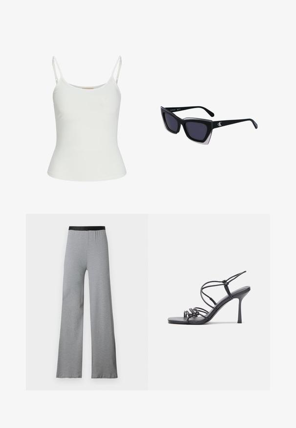 Weißes ärmelloses Oberteil mit verstellbaren Trägern, taillierter Passform, glattem Stoff und rundem Ausschnitt. Keine Muster oder Hardware-Details.; Schwarz-weiße gestreifte Schlaghosen mit einem glatten elastischen Bund. Leichter Stoff mit durchgehendem horizontalem Muster.; Schwarze, hochhackige Sandalen mit dünnen Riemen und einem geknoteten Design, einer glatten, rechteckigen Zehenpartie und einem eleganten Stiletto-Absatz.; Schwarze übergroße Sonnenbrille mit geometrischer Form, ausgestattet mit dunklen Gläsern und einem kontrastierenden grauen Detail im Rahmen. Logo am Bügel.; Silberne Metalohrringe mit einer glatten, tröpfchenförmigen Form und einer polierten Oberfläche. Subtile Gravuren fügen Details hinzu. Minimalistisches Design.