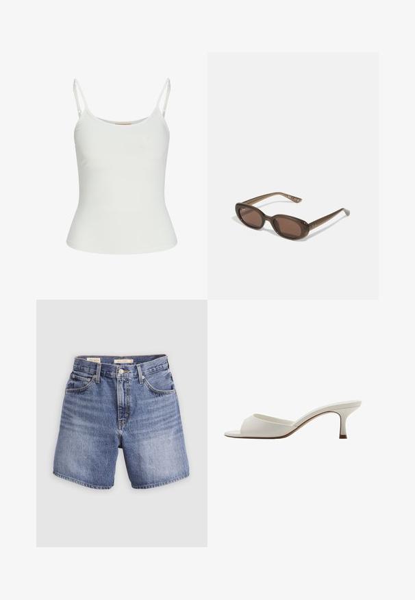 Weißes ärmelloses Oberteil mit verstellbaren Trägern, taillierter Passform, glattem Stoff und rundem Ausschnitt. Keine Muster oder Hardware-Details.; Levi's® Jeans Shorts - worn memory; Weiße, offene High-Heel-Mules mit glatter Oberfläche, minimalistischer Gestaltung und schlankem Absatz, ausgestattet mit einem subtilen braunen Akzent auf der Sohle.; Braune ovale Sonnenbrillen mit dunklen Gläsern. Das Gestell besteht aus einem transparenten braunen Material und hat ein auf den Bügeln aufgedrucktes Logo.; Grüne Lederhandtasche mit glatter Textur, gebogenem Design und geflochtenem Griff. Verfügt über einen Reißverschluss und einen verstellbaren Riemen.