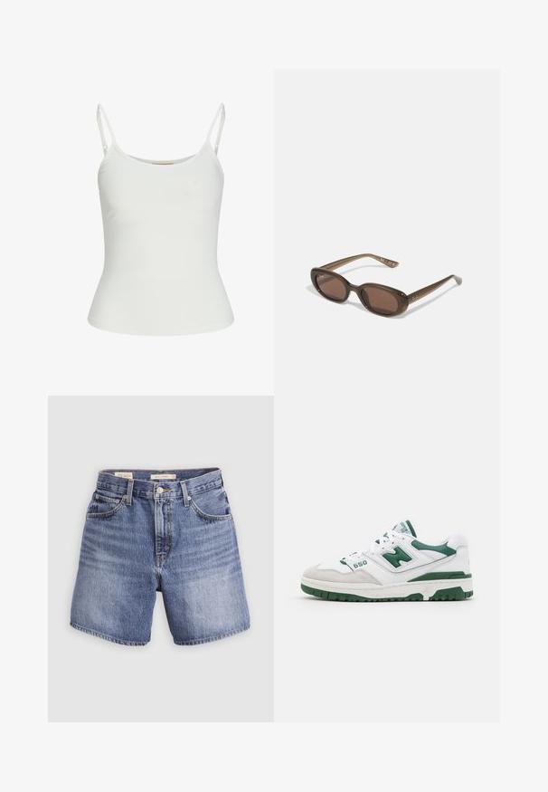 Top sans manches blanc avec bretelles réglables, design ajusté, texture de tissu lisse et encolure ronde. Aucun motif ni détail matériel.; Short en jean bleu clair avec taille haute, cinq poches, braguette à fermeture éclair et bouton. Coupe simple et classique avec des jambes droites.; Baskets blanches avec accents verts, en cuir texturé et suède, détails perforés, col rembourré et semelle en caoutchouc. Numéro de modèle 550.; Lunettes de soleil ovales marron avec des verres foncés. La monture est en matériau transparent marron et comporte un logo imprimé sur les branches.; Sac à main en cuir blanc avec une poignée froncée, un nœud sur le devant et une accent floral attaché. Texture lisse et forme rectangulaire.