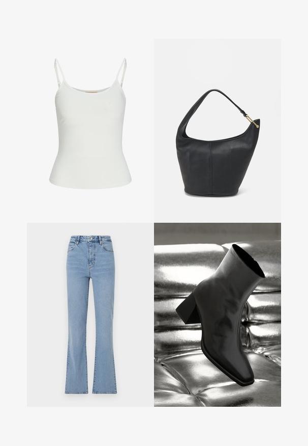 Valge ilma varrukateta top, reguleeritavate rihmadega, taljesse istuv disain, sile kangatekstuur ja ümmargune kaelus. Ilma mustrite ja seadmeteta.; Hele sinine flared teksapüksid kõrgema vöökohaga, valmistatud denimist. Omab esit nööpi ja lukku, samuti nähtavat õmblust õmblustel.; Must musta narmand, läikiva materjali ja ruudukujulise varbaga ning kitseneva kontsaga, paigutatud läikiva hõbedaselt tuftitud tausta ette.; Musthave musta nahast käekott ümarate servadega, laia rihmaga ja tekstureeritud pinnaga. Omab peenelt õmblust detailina ning kullatooni aksessuaare.