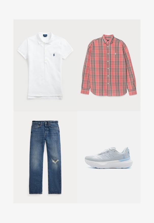 Weißes Baumwoll-Polohemd mit klassischem Kragen, kurzen Ärmeln und einem dunkelblauen gestickten Logo auf der linken Brust. Fünf-Knopf-Leiste.; Rot und grau kariertes Hemd mit langen Ärmeln, Knopfleiste vorne und kleinem Logo auf der Brust. Aus Baumwollstoff mit weicher Textur.; Blaue Jeans aus Denim mit mittelhohem Bund, fünf Taschen und einem fransigen Riss am rechten Knie.; Under Armour INFINITE PRO - Laufschuh Straße - distant gray/halo gray/nimbus blue