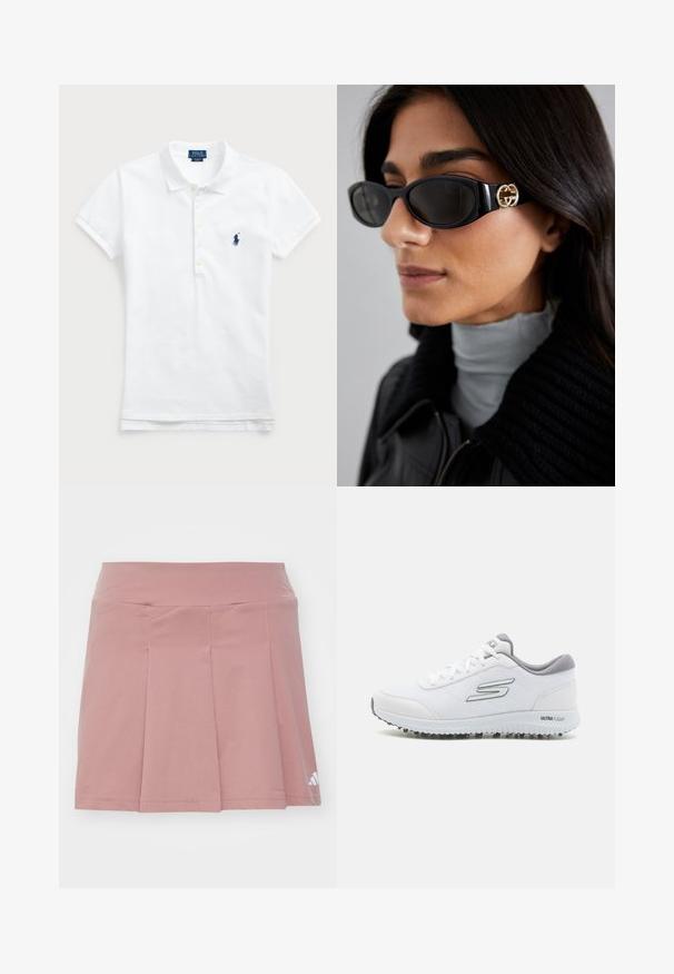 Fehér pamut poloing klasszikus gallérral, rövid ujjal és a bal mellrészen elhelyezkedő sötétkék hímzett logóval. Öt gombos nyitás.; Rózsaszín sport szoknya, szoros derékpánttal és redőzött dizájnnal. Könnyű anyagból készült, az alján logó részlettel.; Fehér sportcipők texturált hálós felsőrésszel, ezüst részletekkel és könnyű talppal, amelyen kis tapadószögek találhatók, "ULTRA FLIGHT" felirattal.; Fekete napszemüveg, sima, téglalap alakú kerettel, arany logóval az oldalon. Sötét lencsék és fényes felület jellemzi.