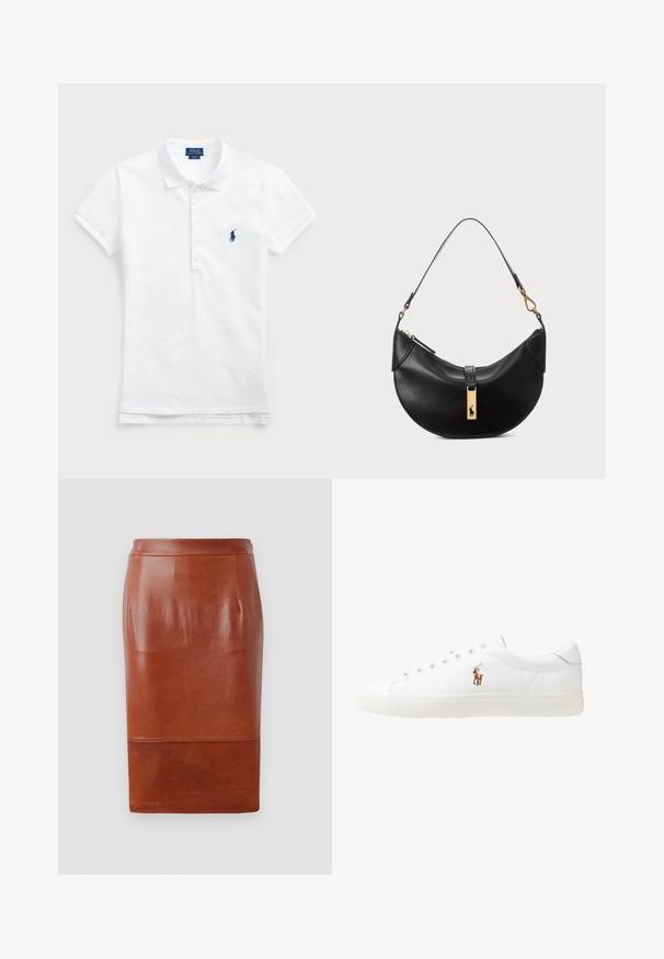 Witte katoenen polo met een klassieke kraag, korte mouwen en een marineblauw geborduurd logo op de linkerkant van de borst. Vijfknopenlijst.; Bruine leren kokerrok met een gladde textuur, knie-lange ontwerp en een subtiele glans. Bevat een fitted tailleband en zijzakken.; Witte leren sneakers, laag model, met een gladde textuur, ronde neus, vetersluiting aan de voorkant en een klein geborduurd logo aan de zijkant.; Zwarte leren handtas in een halve maanvorm. Voorzien van een gouden hardware accent en een smalle schouderband. Soepele textuur, ritssluiting aan de bovenkant.; Gouden knoopstuds met een gedraaide design. Elke oorring heeft een ronde transparante achterkant voor een veilige draagervaring.
