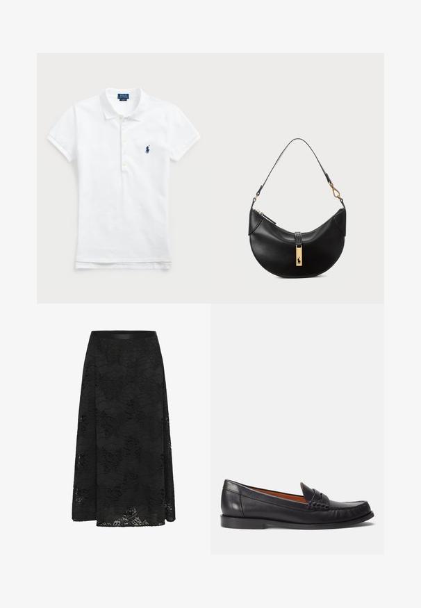 White cotton polo shirt featuring a classic collar, short sleeves, and a navy blue embroidered logo on the left chest. Five-button placket.; Black lace skirt with a flared design. Features a floral pattern, a textured surface, and a fitted waistband. Length extends to mid-calf.; Polo Ralph Lauren CALFSKIN PENNY LOAFER - Slip-ons - black; Black leather handbag in a half-moon shape. Features a gold hardware accent and a narrow strap. Smooth texture, zipper closure at the top.
