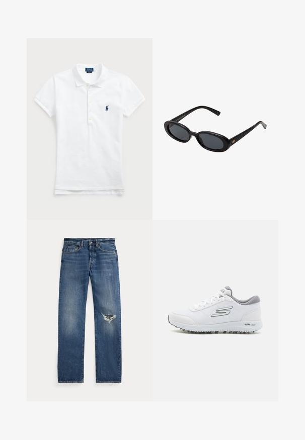 Bijela pamučna polo majica s klasičnim ovratnikom, kratkim rukavima i na lijevoj strani prsa brodnim logom u tamnoplavoj boji. Pet gumbića.; Plave traperice s srednjim strukom, pet džepova i rastrganim otvorom na desnom koljenu.; Bijele sportske tenisice s teksturiranim mrežastim gornjim dijelom, srebrnim akcentima i laganom suprotnošću s malim bravama za prijanjanje, označene 'ULTRA FLIGHT'.; Crne velike sunčane naočale s ovalnim staklima, glatkim plastičnim okvirom i zlatnim detaljima na sljepočnicama. Tamna stakla pružaju zaštitu od sunca.