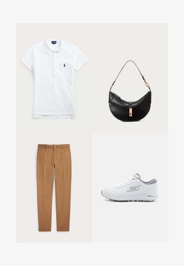 Weißes Baumwoll-Polohemd mit klassischem Kragen, kurzen Ärmeln und einem dunkelblauen gestickten Logo auf der linken Brust. Fünf-Knopf-Leiste.; Braune Baumwollhosen mit schmalem Schnitt, flachem Vorderteil und Standardtaschen; glatte Textur und abgeschnittene Säume.; Weiße Sportschuhe mit einem strukturierten Mesh-Obermaterial, silbernen Akzenten und einer leichten Sohle mit kleinen Traktionsnoppen, bezeichnet als "ULTRA FLIGHT".; Schwarze Lederhandtasche in Halbmondform. Verfügt über eine goldene Hardware-Akzentuierung und einen schmalen Tragegurt. Sanfte Textur, Reißverschlussverschluss an der Oberseite.