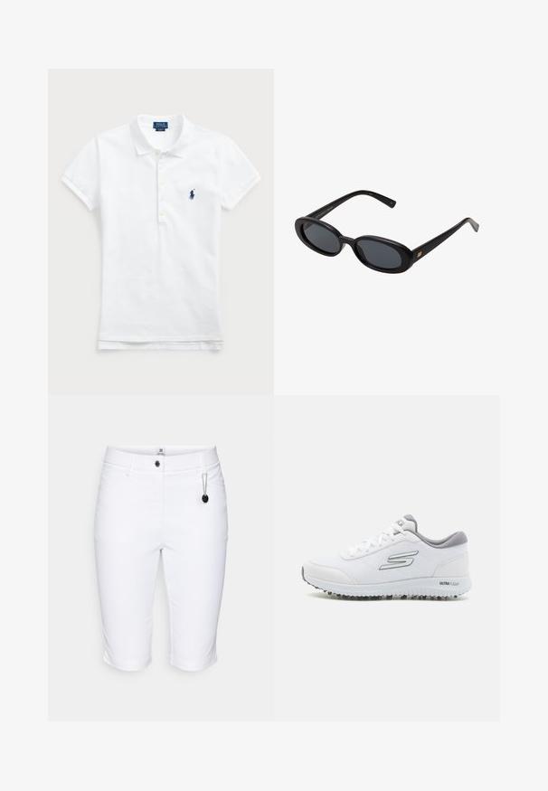 Balta medvilninė polo marškinėliai su klasikiniu apykaklės dizainu, trumpomis rankovėmis ir tamsiai mėlynu siuvinėtu logotipu kairėje krūtinės pusėje. Penkių mygtukų užtrauktukas.; Daily Sports LYRIC BERMUDA SHORTS - Sportiniai šortai - white; Balti sportiniai batai su tekstūruotu tinkliniu viršumi, sidabriniais akcentais ir lengvu padu, kuriame yra mažų sukibimo kaiščių, paženklinti "ULTRA FLIGHT."; Juodos didelės saulės akinių su ovaliais objektyvais, lygia plastiko rėmeliu ir aukso akcentais ant šventyklos. Tamsūs objektyvai suteikia apsaugą nuo saulės.