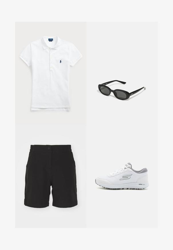 Valge puuvillane polo särk, millel on klassikaline krae, lühikesed varrukad ja sinine brodeeritud logo vasakul rinnal. Viie nupuga vool.; Mustad mustad tumed lühikesed püksid siledast kangast, millel on nup closure, elastne vöökoht ja küljetaskud. Sirge lõige ja palistatud allosa.; Valged spordisussid tekstuurses võrgusüvas, hõbedased detailid ja kerge tallaga, kus on väikesed haardepunktid, märgitud "ULTRA FLIGHT."; Mustad mustad prillid ovaalsete läätsedega, läikivast plastikust raam ja peenikesed varsid. Küljel on Ray-Ban logo valget värvi.