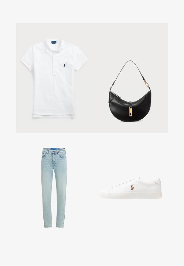 Polo de algodón blanco con cuello clásico, mangas cortas y un logo bordado en azul marino en el lado izquierdo del pecho. Tapeta de cinco botones.; Jeans de mezclilla azul claro con corte recto, cinco bolsillos y cierre de botón. Presenta áreas desgastadas y costuras reforzadas en las uniones.; Zapatillas de cuero blancas, diseño de corte bajo, con una textura suave, puntera redonda, cordones en la parte delantera y un pequeño logo bordado en el lateral.; Bolso de cuero negro en forma de media luna. Presenta un acento de hardware dorado y una correa estrecha. Textura suave, cierre de cremallera en la parte superior.