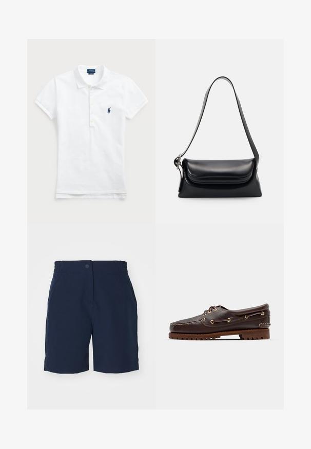 Balta medvilninė polo marškinėliai su klasikiniu apykaklės dizainu, trumpomis rankovėmis ir tamsiai mėlynu siuvinėtu logotipu kairėje krūtinės pusėje. Penkių mygtukų užtrauktukas.; Tamsiai mėlyni šortai, pagaminti iš lygaus audinio, su elastinga juosta, priekinėmis kišenėmis ir paprastu tiesaus kirpimo dizainu.; Rudos odinės jachtų bateliai su auksinėmis akytėmis, apvaliais raiščiais ir tekstūruota ruda gumine padu. Yra siuvinėti dekoratyviniai elementai ir iškeltas logotipas.; Juodas odinis rankinės krepšys su struktūrizuota forma, glotnia tekstūra ir viena petneša. Pasižymi subtiliu, apvaliu dangčiu.