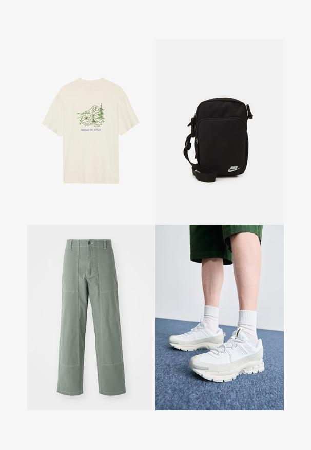 Kreemikasest puuvillast t-särk lühikeste varrukatega, millel on roheline matka-teemaline graafika ja tekst "PHOENIX 112.0740".; Roheline cargo-püksid mugava lõikega, millel on patšopocketid, kontraste seamid, eesmine nööp sulgemine ja sirge jalgade disain.; Valged sportsijalatsid tekstuursete pealsete, kopsaka tallaga ja hallide aktsentidega. Kanda valgete lühikeste sokkidega ja roheliste lühikeste pükstega sinisel pinnal.; Musttoone musta nailoncrossbody kott, millel on reguleeritav rihm, lukuga taskud ja eesvalge Nike logo. Sile tekstuur, ristkülikukujuline kuju.