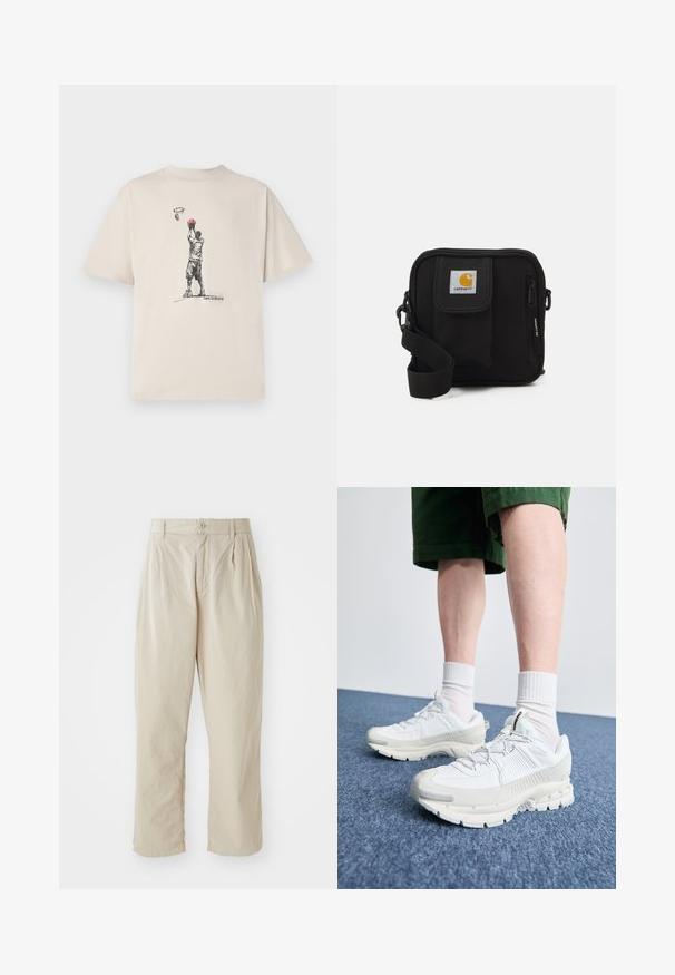 New Balance HOOPS PLAYER GRAPHIC UNISEX - Tričko s potlačou - brown; Béžové, ľahké nohavice s voľným strihom, prešívané záhyby na prednej časti, zapínanie na gombík a manžety na spodnej časti nohavíc. Hladká textúra, minimalistický dizajn.; Biele športové topánky s textúrovanými prešívaniami, robustnou podrážkou a sivými akcentami. Nosené s bielymi ponožkami po členky a zelenými šortkami na modrom povrchu.; Čierna crossbody taška so zipsom, hlavnou priehradkou, prednou kapsou, nastaviteľným popruhom a viditeľnou nášivkou loga na klape.