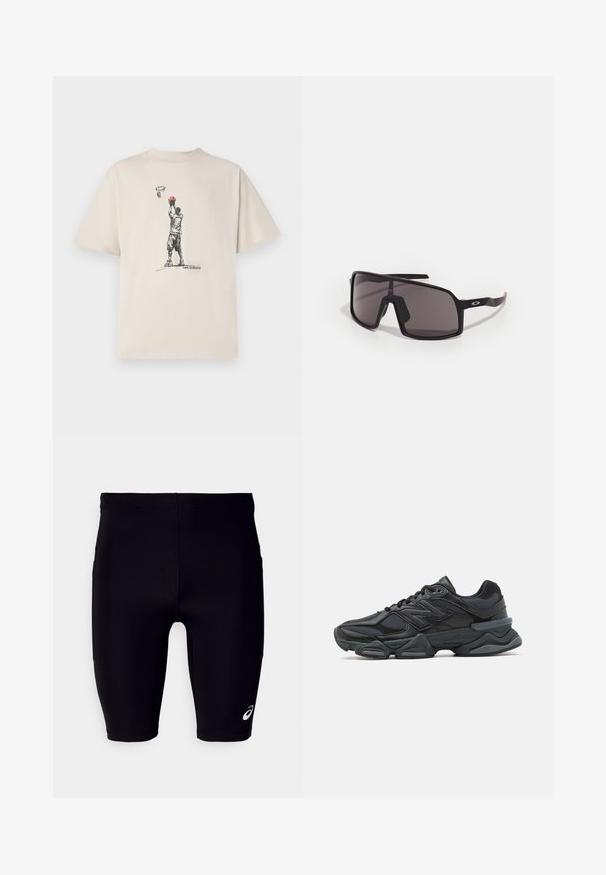 New Balance HOOPS PLAYER GRAPHIC UNISEX - Potiskana majica - brown; Črne atletske kratke hlače, narejene iz raztegljivega materiala, z oprijetim krojem, zasnovo do kolen in majhnim belim logotipom na spodnji strani.; Črne tekaške superge, ki združujejo mrežaste in sintetične materiale, imajo debel podplat, ukrivljen oblikovni slog ter izrazito blagovno znamko na strani.; Črne pravokotne sončna očala s temnimi lečami, širokim okvirjem in ozkimi črnimi ročaji. Imajo logo na templjih. Gladka tekstura.