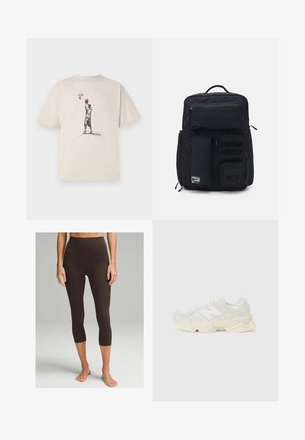 New Balance HOOPS PLAYER GRAPHIC UNISEX - Printtipaita - brown; lululemon ALIGN™ HIGH-RISE 53 CM - Trikoot - espresso; Kevyt lenkkari, jossa on verkko- ja mokkanahkapinta pehmeissä kerman sävyissä, chunky-pohja ja kolmiulotteiset yksityiskohdat.; Mustakassi, joka on valmistettu kestävästä kankaasta. Siinä on useita vetoketjullisia taskuja, mukaan lukien etutasku, sekä tarranauhapaikkoja kiinnityksille.