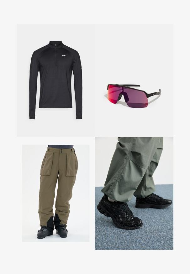Zwart sportshirt met lange mouwen en kwart rits, met het witte Nike swoosh-logo op de linkerborst, op een effen achtergrond weergegeven.; Olijfgroene sneeuwbroeken van waterdicht materiaal, met zijvakken, met rits sluitende handzakken en een zwarte onderkant.; Zwarte sport sneakers met glanzende en mesh texturen, voorzien van een dikke zool en veters, gecombineerd met losse olijfgroene cargobroeken.; Zwarte sportzonnebril met een roze naar paarse gradient lenzen en een slank geometrisch ontwerp. Voorzien van een verstelbare neuspads en een logo-accent op de arm.