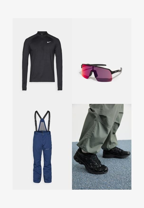 Zwart sportshirt met lange mouwen en kwart rits, met het witte Nike swoosh-logo op de linkerborst, op een effen achtergrond weergegeven.; Marineblauwe skibroek met verstelbare zwarte bretels, voorzak met rits, versterkte manchetten en een gladde textuur.; Zwarte sport sneakers met glanzende en mesh texturen, voorzien van een dikke zool en veters, gecombineerd met losse olijfgroene cargobroeken.; Zwarte sportzonnebril met een roze naar paarse gradient lenzen en een slank geometrisch ontwerp. Voorzien van een verstelbare neuspads en een logo-accent op de arm.