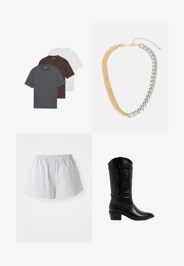 Trzy t-shirty z okrągłym dekoltem: jeden szary, jeden brązowy, jeden biały. Każdy z krótkim rękawem, wykonany z gładkiego materiału, z prostym wzorem.; Paski krótkie spodenki w jasnoniebieskim i białym kolorze z bawełny, z elastycznym pasem i luźnym krojem oraz otworami bocznymi dla łatwości ruchów.; Czarne skórzane kowbojki z wydłużonym noskiem i słupkowym obcasem. Zawierają dekoracyjne hafty oraz akcenty w kształcie gwiazdek na cholewce.; Naszyjnik z łańcuchem w dwóch kolorach, składający się z naprzemiennie ułożonych złotych i srebrnych ogniw. Solidna konstrukcja z zapięciem i regulowanym łańcuchem pozwalającym na dostosowanie długości.